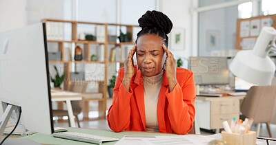 Buy stock photo Frustrated, black woman and headache with stress in office for burnout, mistake or fatigue. Tired, female person or employee with sore head, ache or migraine for mental health, strain or pressure