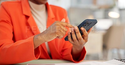 Buy stock photo Hands, business and woman with phone in office to contact editor, reviews and story submission. Person, mobile and notification for proofreading, editing article and reading message for publication