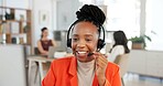 Headset, online meeting and businesswoman in office with communication for creative project plan. Mic, client support and female magazine director on virtual discussion for feedback on publishing.