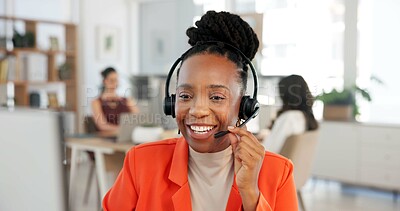 Buy stock photo Headset, online meeting and businesswoman in office with communication for creative project plan. Mic, client support and female magazine director on virtual discussion for feedback on publishing.
