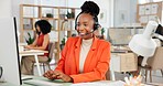 Happy woman, consultant and customer service with headset in call center office for online advice. Female person friendly agent or smile with mic on computer for virtual assistance or communication