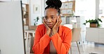 Bored, tired and black woman in office by computer for creative project with problem solving. Thinking, stress and African female magazine editor with fatigue for article with publishing in workplace