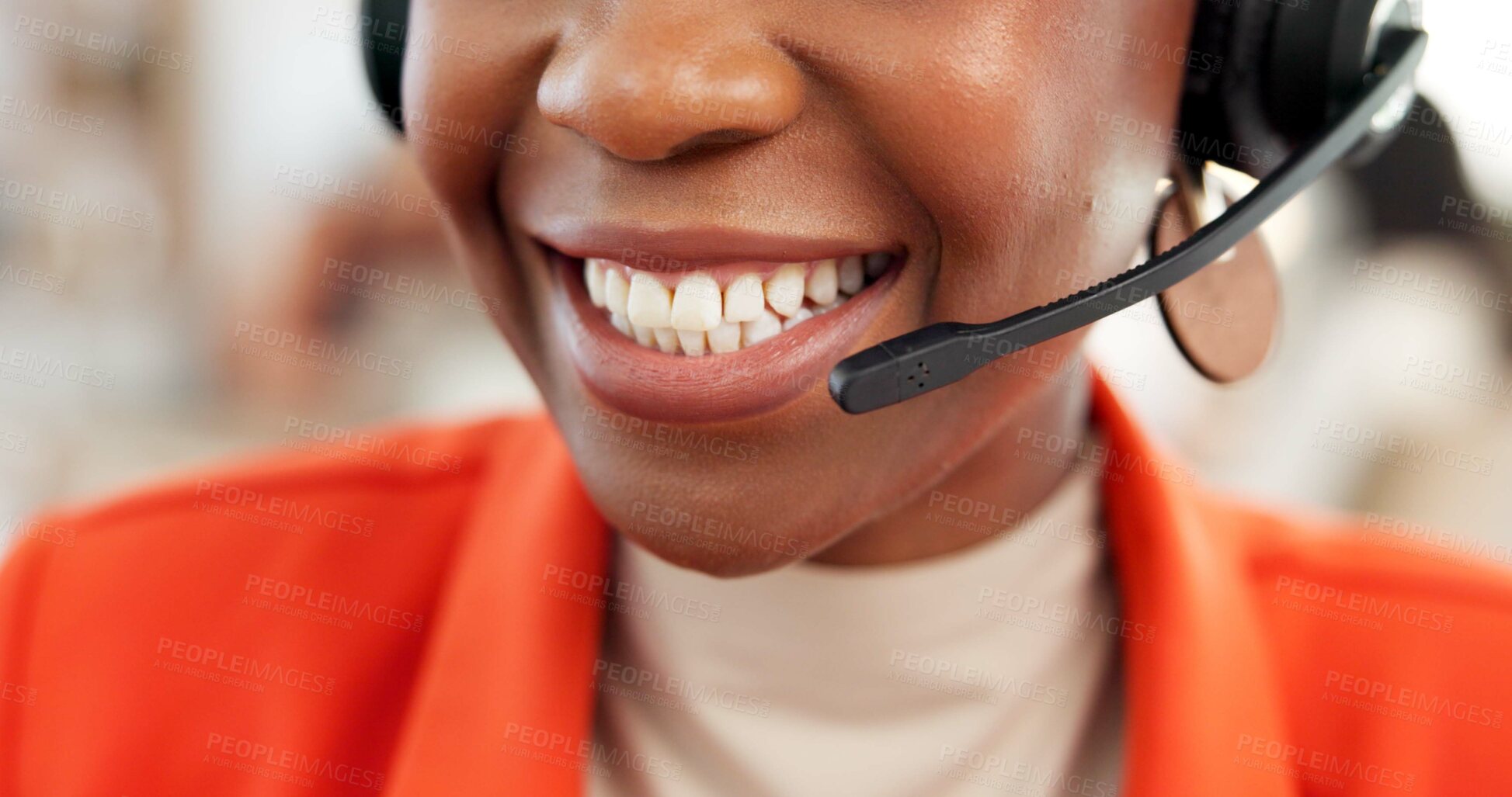 Buy stock photo Happy woman, consultant and mouth with headset in call center office for online advice. Closeup, female person or friendly agent with smile or mic for help, virtual assistance or telecommunication
