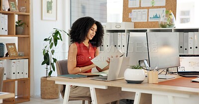 Buy stock photo Happy woman, administrator and documents with computer in office for business report or schedule. Female person, admin or checking paperwork for company tasks, agenda or project budget in workplace