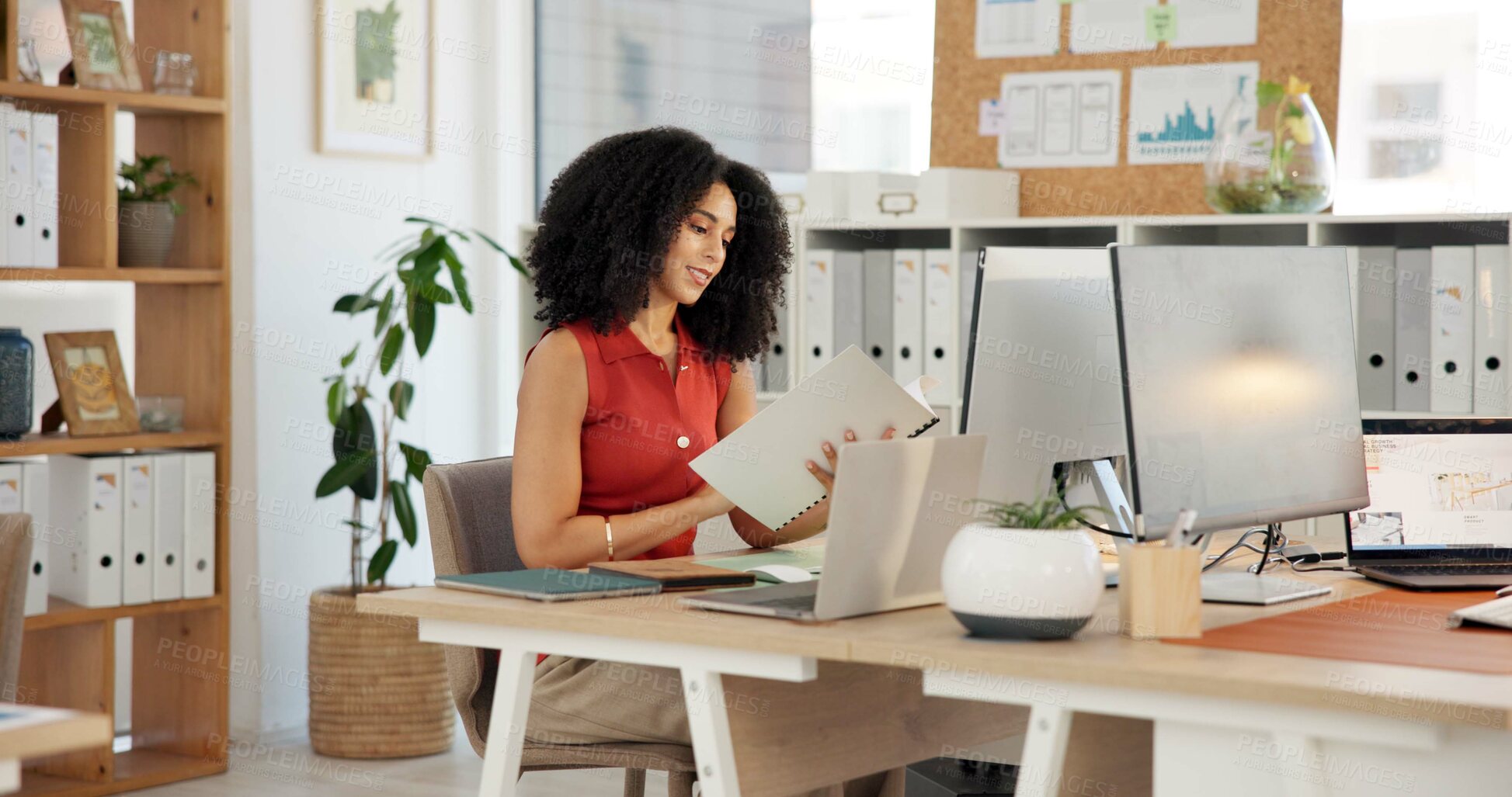 Buy stock photo Happy woman, administrator and documents with computer in office for business report or schedule. Female person, admin or checking paperwork for company tasks, agenda or project budget in workplace
