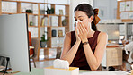 Sick woman, flu and blowing nose with tissue in office for influenza, cold or symptoms. Female person, employee or virus with sinus infection, hayfever or allergy for disease or bacteria in workplace