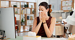 Sick woman, flu and blowing nose with tissue in office for influenza, cold or symptoms. Female person, employee or virus with sinus infection, hayfever or allergy for disease or bacteria in workplace