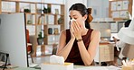Sick woman, flu and blowing nose with tissue in office for influenza, cold or symptoms. Female person, employee or virus with sinus infection, hayfever or allergy for disease or bacteria in workplace