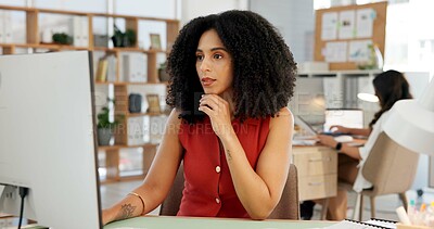 Buy stock photo Thinking, employee and woman with computer, office and planning for story on website and journalism. Reading, draft and person with tech for article, writer and creative for publication or reflection