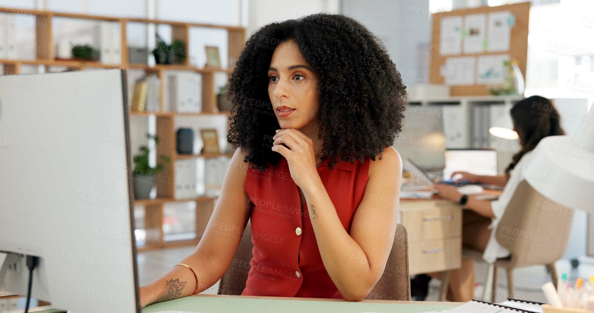 Buy stock photo Thinking, employee and woman with computer, office and planning for story on website and journalism. Reading, draft and person with tech for article, writer and creative for publication or reflection