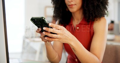 Buy stock photo Hands, woman and reading with phone in office to contact editor, submission and upload story. Person, mobile and proofreading for draft update, editing article and notification message of publication