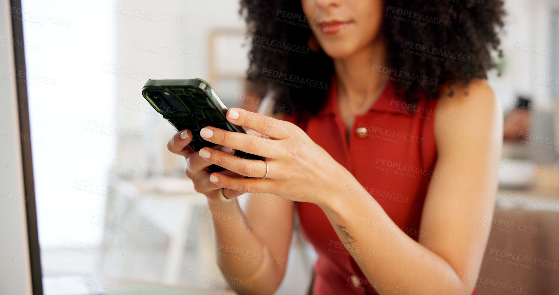 Buy stock photo Hands, woman and reading with phone in office to contact editor, submission and upload story. Person, mobile and proofreading for draft update, editing article and notification message of publication
