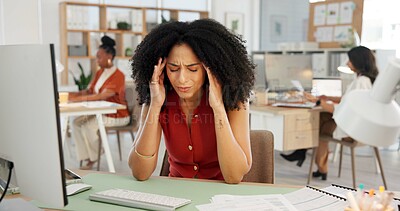 Buy stock photo Frustrated woman, headache and office with stress for mental health, fatigue or burnout. Tired, female person or employee with sore head, ache or migraine for mistake, overworked pressure or strain
