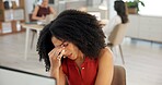Tired woman, mistake and headache with stress in office for overworked or project deadline. Frustrated, female person or anxiety with migraine or fatigue for fail, strain or pressure in workplace