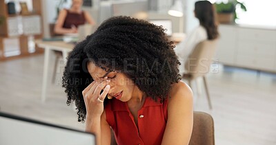 Buy stock photo Tired woman, mistake and headache with stress in office for overworked or project deadline. Frustrated, female person or anxiety with migraine or fatigue for fail, strain or pressure in workplace