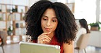 Thinking, employee and woman with tablet, office and plan for article on web, editing and journalism. Reading, draft and person with tech, writer and reflection in newsroom, coworking or creative