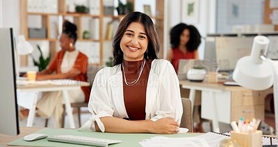 Buy stock photo Smile, about us and portrait of businesswoman in office with confidence for creative career. Happy, professional and female magazine director with pride for job development at startup agency.