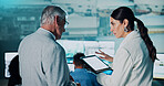 People, security and talking with tablet in control room for surveillance, cctv footage and alert. Mature man, woman and digital for satellite update, monitor worldwide or mockup space for protection