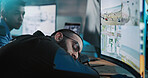 Sleeping, security guard and computer for surveillance, camera and cctv monitor for government safety. Tired, burnout and man in control room with technology, fatigue and dashboard in workplace