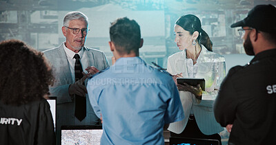 Buy stock photo Security, presentation and group in control room with people for strategy, planning for satellite surveillance. Government, briefing and team in cctv command center at intelligence agency or meeting