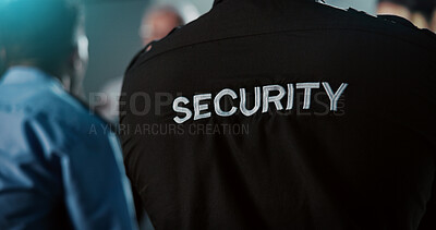 Buy stock photo People, back view or security meeting with team for protection service or safety agency. Officer, group or guard in discussion with investigation for crime detection or armed response in control room