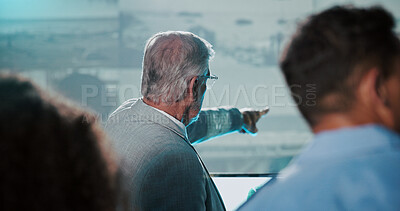 Buy stock photo Security, briefing and point in control room with woman for strategy, planning for satellite surveillance. Government, presentation and people in cctv command center at intelligence agency for team