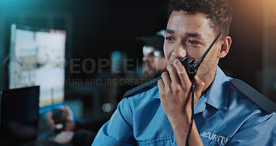 Buy stock photo Man, security or talking with radio for safety measure, precaution or protection in control room. Male person, officer or night guard with signal response or cctv footage for crime alert or detection