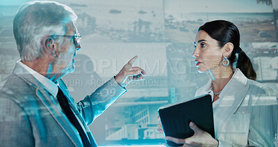 Buy stock photo Security, presentation and woman with tablet in control room for strategy, planning and satellite surveillance. Government, meeting and people in cctv command center at intelligence agency with tech