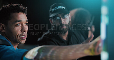 Buy stock photo Man, security and night with surveillance for safety measure or protection service in control room. Male people, officer or guard monitoring cctv footage in late evening for crime alert or detection