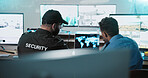 Men, security and monitoring with surveillance for safety measure or protection in control room. Back view, male people or officer with satellite coverage or cctv footage for crime alert or detection