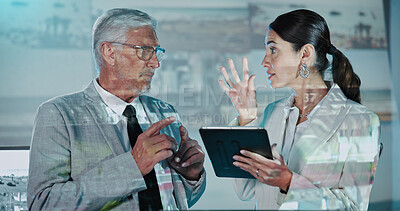 Buy stock photo Security, discussion and woman with tablet in control room for strategy, planning and satellite surveillance. Government, briefing and people in cctv command center at intelligence agency with tech