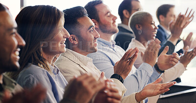 Buy stock photo Seminar, audience and business people with applause for success, goal or target at workshop. Conference, excited and crowd clapping for celebration, achievement or praise with support in office