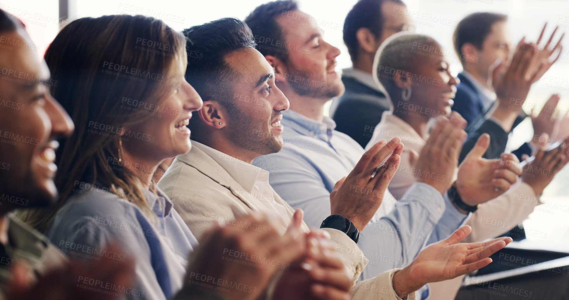 Buy stock photo Seminar, audience and business people with applause for success, goal or target at workshop. Conference, excited and crowd clapping for celebration, achievement or praise with support in office