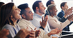 Seminar, audience and business people with applause for goal, success or target at workshop. Conference, excited and crowd clapping for celebration, achievement or excellence with support in office