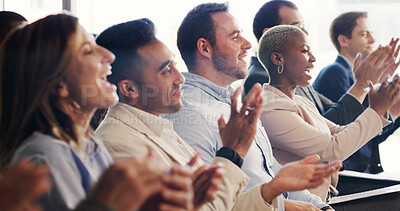 Buy stock photo Seminar, audience and business people with applause for goal, success or target at workshop. Conference, excited and crowd clapping for celebration, achievement or excellence with support in office