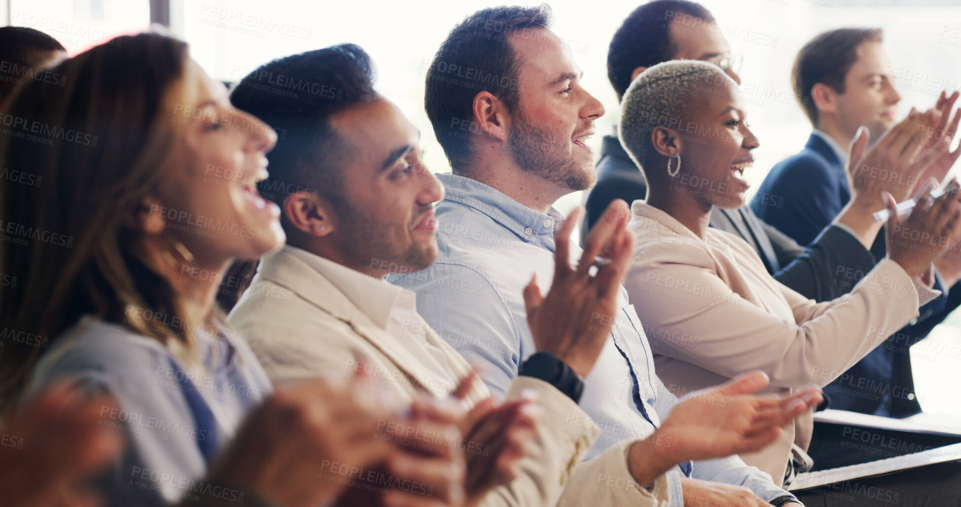 Buy stock photo Seminar, audience and business people with applause for goal, success or target at workshop. Conference, excited and crowd clapping for celebration, achievement or excellence with support in office