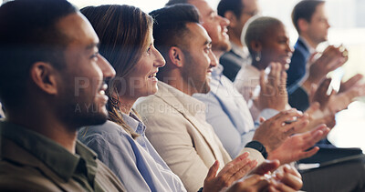 Buy stock photo Conference, audience and business people with applause for success, goal or target at workshop. Convention, smile and crowd clapping for celebration, achievement or reward with support in office