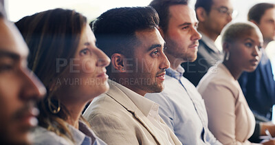 Buy stock photo Business, audience or people at expo for training, information or skill building at conference. Corporate, diversity or crowd with learning, career development or speech insight at growth seminar.