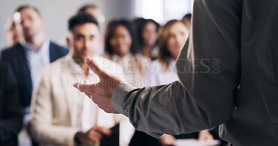 Buy stock photo Business, coach and hands with staff for presentation, seminar or company workshop. Person, speaker or meeting with team discussion or question for tradeshow, conference or convention in workplace