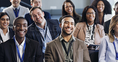 Buy stock photo Business, audience or people at seminar with laugh, information or funny presentation at training expo. Comic, diversity or crowd with happiness, speech insight and joke reaction at growth conference