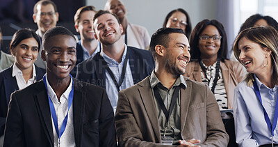 Buy stock photo Business, crowd or people at seminar with joke, information or funny presentation at training expo. Comic, diversity or audience with happiness, speech insight or laugh reaction at growth conference.