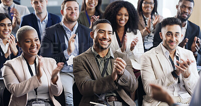Buy stock photo Conference, crowd and business people clapping for success, celebration or revenue growth. Convention, smile and audience with applause for performance milestone, target or financial goal in office
