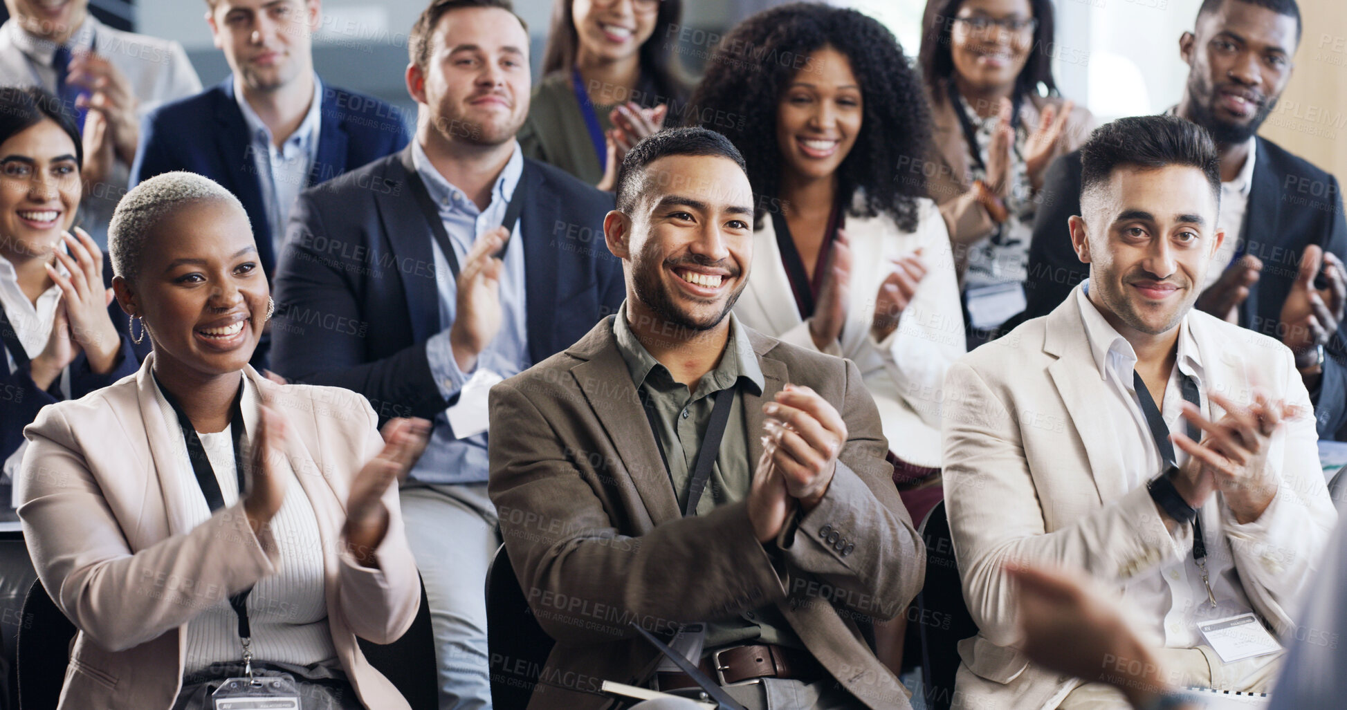 Buy stock photo Conference, crowd and business people clapping for success, celebration or revenue growth. Convention, smile and audience with applause for performance milestone, target or financial goal in office