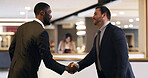 Handshake, meeting and thank you with business men in office for agreement. deal or partnership. Congratulations, greeting and welcome with corporate employee people shaking hands for collaboration