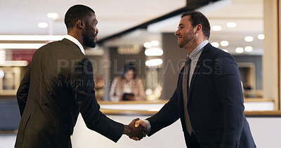 Buy stock photo Handshake, meeting and thank you with business men in office for agreement. deal or partnership. Congratulations, greeting and welcome with corporate employee people shaking hands for collaboration