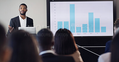 Buy stock photo Presentation, audience and man with business people for conference, training and meeting. Corporate speaker, discussion and worker in workshop, convention or seminar for financial coach with graph