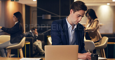 Buy stock photo Business, man and writing with laptop in office for research, agenda and finance information. Person, coworking and pc for bookkeeping, financial records and notebook with reminder of tax preparation