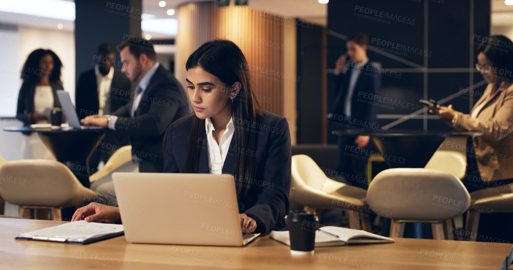 Buy stock photo Woman, reading and clipboard with laptop in office for research, information and finance report. Person, coworking and pc for company bookkeeping, financial checklist and budget review for investment