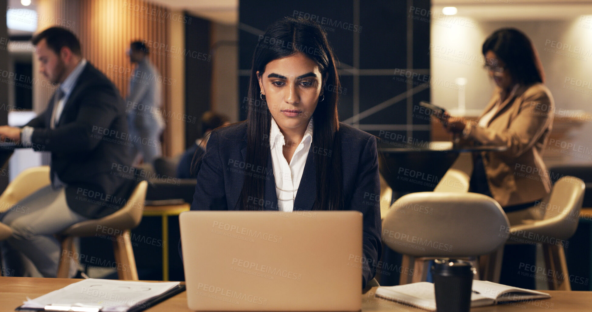 Buy stock photo Corporate, woman and reading with laptop in office for research, email client and finance report. Person, coworking and company bookkeeping with pc, financial records and budget review for investment