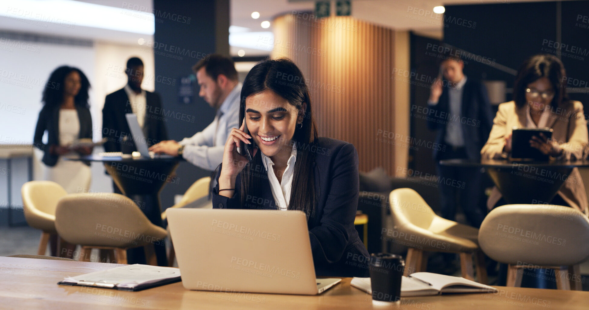Buy stock photo Office, phone call and business woman with laptop for financial deal, negotiation or offer. Hybrid, mobile and consultant with computer in workplace for investment update, wealth advice or smile